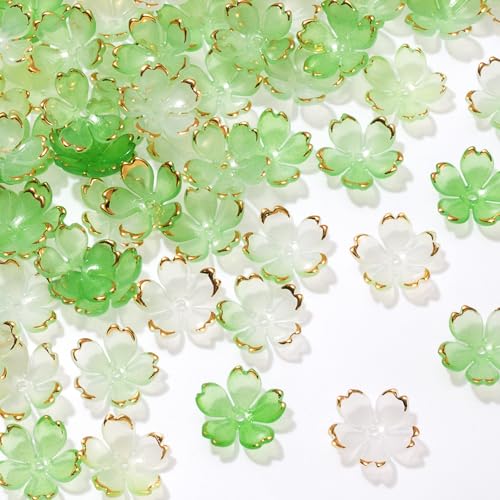100pcs Cherry Blossom Beads, 5-Petal Light Green Gradient Acrylic Flower Beads, Mini Spacer Hair Accessories Halloween Christmas for Bracelets Earring Jewelry Making - color: Light Green
