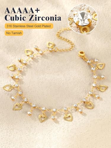U7 Women Girls Barefoot Jewelry 18K Gold or Rose Gold Stainless Steel Heart/Rope/Figaro/Cuban Chain Anklet Foot Bracelet, 25-30 CM Long - color: Gold Plated-White-Heart Charm