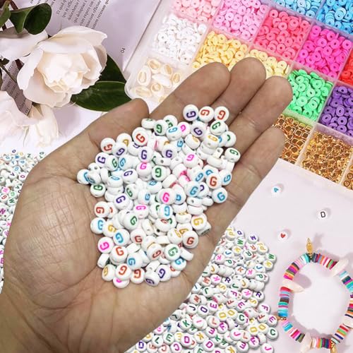 500PCS 4x7mm Acrylic Letter Beads G for Friendship Bracelets Jewelry Making, White Round Flat Acrylic with Colourful Alphabet Beads for DIY Crafts Bracelets Necklaces Key Chains Phone Lanyard - color: G(colourful on white)