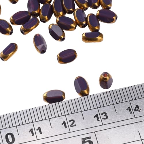 Glass Rice Beads Purple 4x6mm 50pcs Faceted Oval Golden Edge Crystal Loose Beads for DIY Craft Jewelry Making - color: Purple