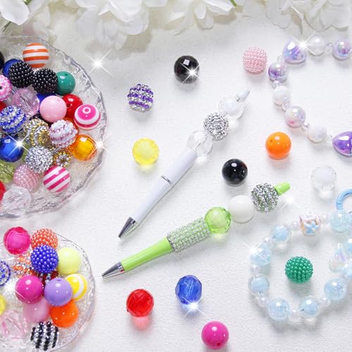Exway 100 Pcs 20mm Beads for Pens Rhinestone Bubblegum Beads Mixed Crystal Acrylic Round Chunky Bead Sparkly Craft Large Balls Bead for Pen Beadable Keychain Bracelet DIY Jewelry Making Supplies - color: Colourful