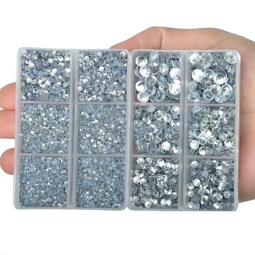 10000Pcs 2-Boxes Mixed Size Hot Fix Round Crystals Gems Glass Stones Hotfix Flat Back Rhinestones with Tweezers and Picking Pencil (Clear Crystal) - color: Clear Crystal, size: 2-Box (10000pcs)