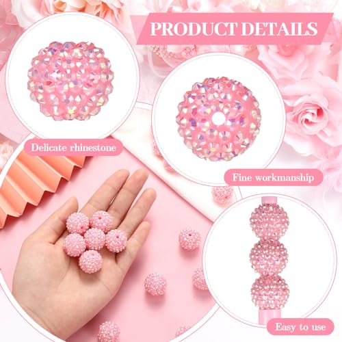 40 Pcs 20 mm Rhinestone Beads Bulk Crystal Round Disco Ball Chunky Bubblegum Beads for Pens Bracelets Charms Craft European Style Jewelry Making Supplies Christmas(Pink) - color: Pink