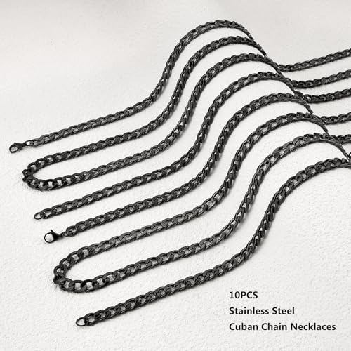 10PCS 16inch Stainless Steel Miami Cuban Chains Necklaces Hip Hop Punk Black Necklace Bulk Jewelry for Men and Women - color: Black 16", size: 1.8mm