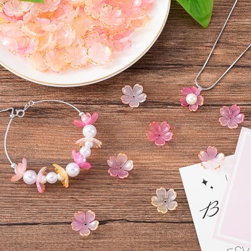 100Pcs Pink Gradient Cherry Blossom Beads, 5-Petal Acrylic Flower Beads, Gold-Plated Mini Spacer Beads Charms Halloween Christmas for Bracelets Jewelry Making - color: Pink, D Styles