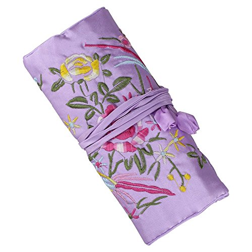 Light Purple Multi-Use Silk Jewelry Organizer Roll – Vintage Embroidery Case for Travel/Daily/Events Foldable Zippered Pouch for Rings & Necklaces | Luxury Compact Gift. - color: Light Purple