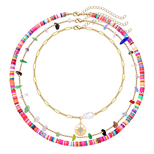 Surfer Heishi Bead Choker Necklace for Woman Star Pearl Polymer Clay Record Disc Beads Layered Necklace Boho Beach Necklace jewelry - color: E heishi choker
