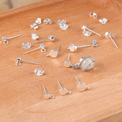 12Pcs Flat Sterling Silver Post with Earring Hook, 3/4/5mm Ear Studs with Loop Hypoallergenic 925 Sterling Silver Earrings Findings Dangle Studs Posts Butterfly Backs Supplies Jewelry Making Set - color: Flat_Silver