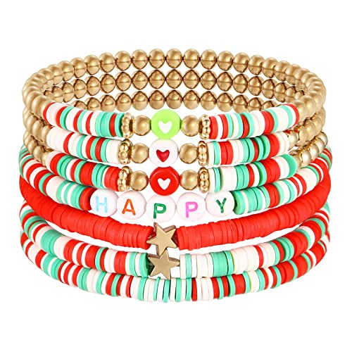 Emibele Colorful Stretch Bracelet Stack Boho Beaded Bracelet Set Heishi Surfer Bracelet Stackable Y2K Trendy Jewelry Friendship Multiple Set Women Fans - style: Red & Green &Gold 7PCS