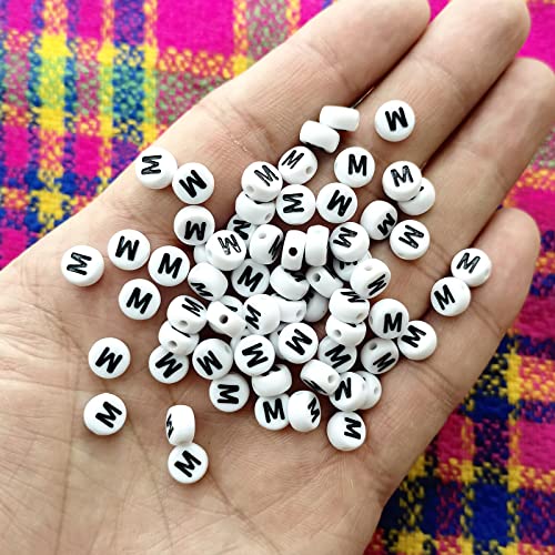 Amaney Letter Beads M 100pcs 7x4mm White Round Acrylic Black Alphabet for Bracelet Jewelry Making - color: M