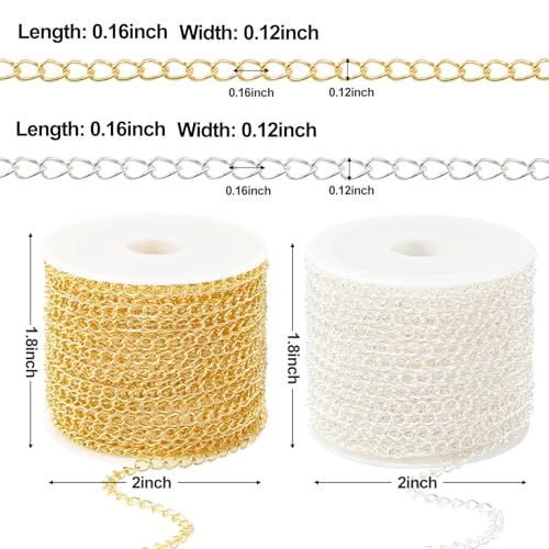Kyutong 2 Rolls Gold and Silver Extender Chain for Jewelry Making 3MM Wide Curb Links Stainless Steel Necklace Chains Spool on Bulk with Lobster Clasps Jump Rings Jewelry Supplies for Crafts DIY - color: Curb Chain