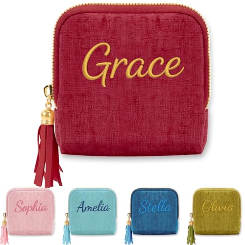Mothers Day Gifts Personalized Travel Jewelry Case with Embroidered Name,Custom Small Jewelry Pouch Velvet Jewelry Organizer Storage Bag for Bracelet Rings Earring - color: Red