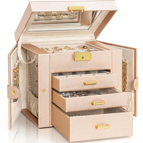 AKOZLIN 4-Tier Jewelry Box Leather Jewelry Storage Organizer with 3 Drawers Lockable for Women Girls Ring Necklace Earring Bracelet Holder with Mirror Champagne - color: Champagne-gold, size: Regular-4 Layer