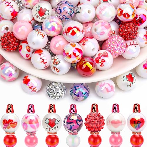 BONNY BOXX 50pcs 16mm Valentine's Day Acrylic Beads, Red Pink Love Heart Lips Bubblegum Chunky Beads for Decoration Garland Beadable Pen Jewelry Making DIY Home Decor - color: Valentine