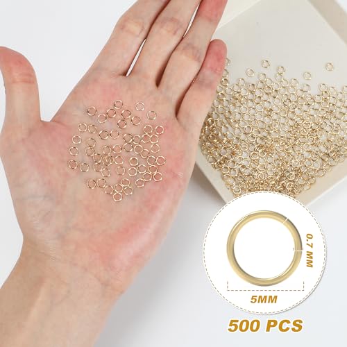 5MM 500PCS 14K Gold Jump Rings for Jewelry Making Non Tarnish Small Open Gold Filled Jump Rings for Necklace Earrings Bracelet Key Chains and DIY Craft - size: 5MM-500PCS
