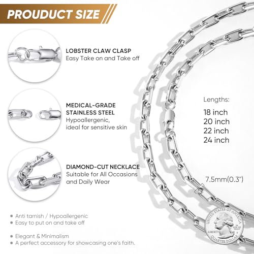 VNOX Paperclip Necklace for Men Women, 4.5/6.5/7mm Solid Diamond-Cut Chunky Stainless Steel Anchor Link Chain Mens Necklaces Jewelry Gifts, 18/20/22/24 Inchs - style: 7.5MM-Silver