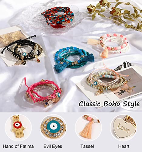 Emibele Colorful Stretch Bracelet Stack Boho Beaded Bracelet Set Heishi Surfer Bracelet Stackable Y2K Trendy Jewelry Friendship Multiple Set Women Fans - style: Colorful 6 pieces