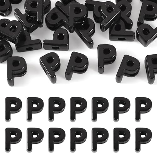 FASHEWELRY 30Pcs Acrylic Letter P Beads with Large Hole Big Plastic Letter Blocks European Beads 3D Letters Chunky Vowel Initial Alphabet Bead for Key Chains Necklace DIY Arts Craft Projects - color: Black, size: P