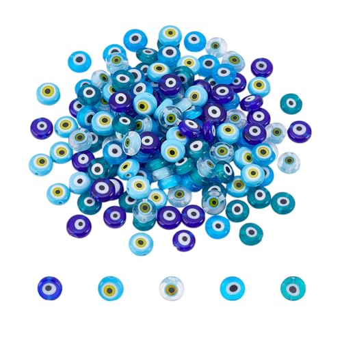 NBEADS 150 Pcs 5 Colors Handmade Evil Eye Lampwork Beads, 8mm Flat Round/Disc Turkish Eye Beads Loose Glass Spacer Beads for DIY Bracelets Necklace Jewelry Making - size: 8mm