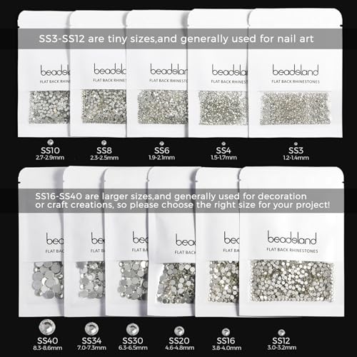beadsland 1440pcs Flat Back Crystal Rhinestones Round Gems for Nail Art and Craft Glue Fix, CrystalAB (SS6(1.9-2.1mm)) - color: Crystal AB, size: SS6/1440pcs