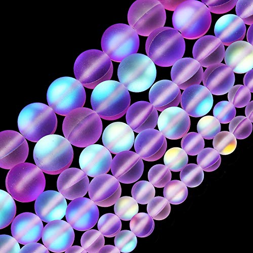 Matte Purple Aurora Crystal Glass Beads, 6MM Frosted Glitter Shining Mermaid Round Loose Beads, Rainbow Holographic Synthetic Moonstone for Jewelry Making DIY Bracelet - color: Purple, size: 6MM