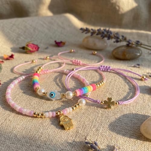 Evil Eye Heart Charm Stackable String Rope Colorful Beaded Bracelets Set For Women, Boho Handmade Adjustable Protection Lucky Gold Jewelry, Daily Party Friendship Gift - color: Purple Pink