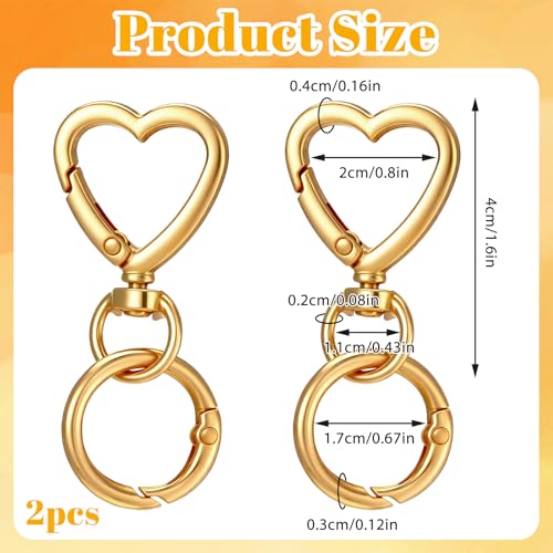 2 Pcs Double Opening Keychain Clip, Heart Spring Snap Hooks Zinc Alloy Swivel Lobster Clasp with Key Ring Spring Snap Hook Purse Clip for Jewelry Lanyard DIY Crafts Purse Making Camping Travel (Gold)