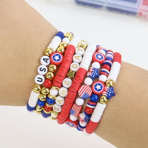 YXFEIR 2480pcs Clay Beads & Charms Jewelry Making Kit, 4th of July White Red Blue Beads Bracelet with Clay Beads Glass Seed Beads, Patriotic-Themed Bracelet Making Kit with Letter Beads and Charms