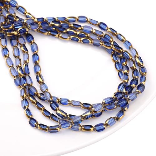 Glass Rice Beads Clear Royal Blue 4x6mm 50pcs Faceted Oval Golden Edge Crystal Loose Beads for DIY Craft Jewelry Making - color: Clear Royal Blue