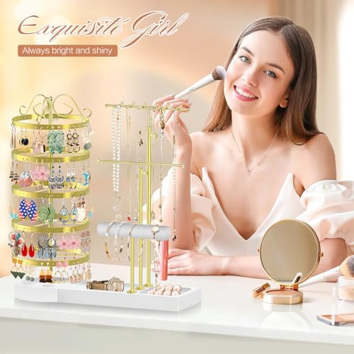 Jewelry Earring Holder Organizer, Adjustable 5 Tiers Rotating Earring Holder 3 Tier Necklace Holder with Wooden Base, Multi-Functional Jewelry Organizer Display Stand for Studs Bracelet Women(Gold) - color: Gold