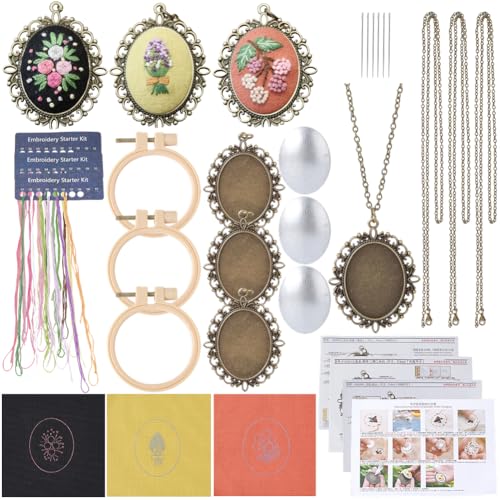 SUNNYCLUE DIY 3 Sets Embroidery Necklace Kits Embroidery Necklace Pendant with Chains Hoops Cloth Spring Flowers Pattern Stitch Kit for Jewelry Making Crafts Supplies Adults Beginner Starter Women - style: Flower 1