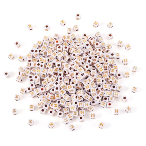 FASHEWELRY 500Pcs White Golden Letter Beads 4.5mm Square Alphabet Beads Acrylic Cube Letter N Beads for Friendship Bracelet Necklace Keychains Jewelry Making - color: Letter N
