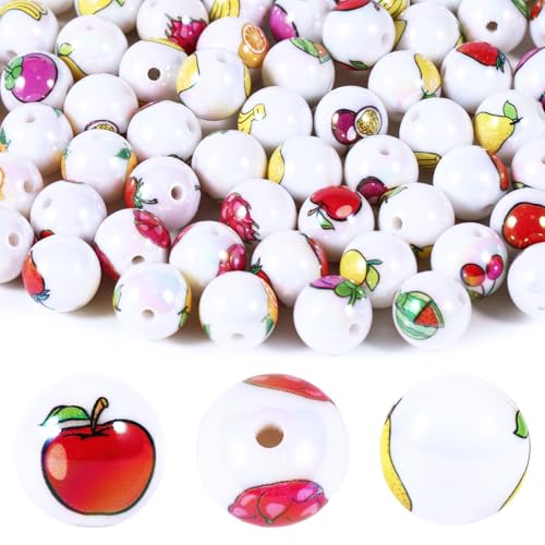 15Pcs Acrylic Beads Round 16mm UV Fruit Print Fit for DIY Jewelry Bracelet Necklace Keychain Beadable Pens Mobile Phone Chain Making Cute (Fruit-Mixed Color) - color: Fruit-Mixed color