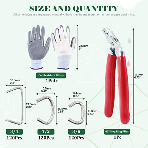 Keadic 362Pcs Angled Hog Ring Pliers with Galvanized Hog Rings, Gloves, 3/4", 1/2", and 3/8" Hog Rings, Professional Upholstery Hog Rings Kit for Plastic Meat & Sausage Casings - color: 362pcs Hog Ring Pliers & Hog Rings - Bending