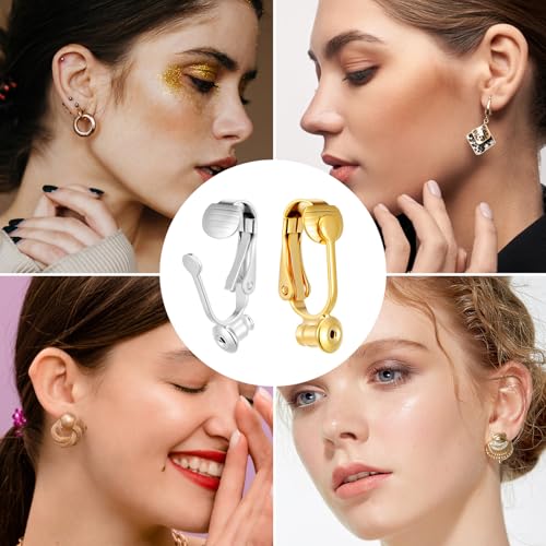 20 Pcs Clip On Earring Converter, Earring Converters Pierced to Clip, Non-Pierced Ear Clips, Stud Clip-On Findings, Components Findings with Post for None Pierced Ears, Gold & Silver