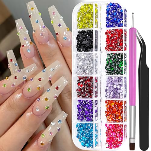 1800Pcs Small Resin Rhinestones for Nail Art, Colorful 3mm Bedazzling Flatback Crystals Nail Gems Nail Rhinestones with Pickup Tools for Manicure Decor Crafts DIY (7-K1-3mm-soild-color) - color: 7-K1-soild-color