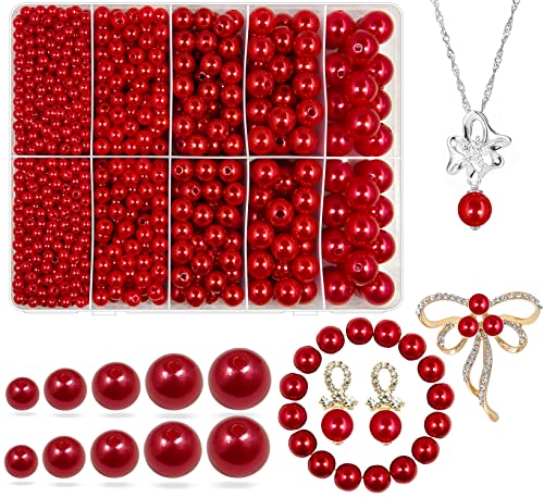 Dark Red Pearl Beads for Jewelry Making, 1750pcs Dark Red Pearl Craft Bead with Hole 4mm 6mm 8mm 10mm 12mm Loose Spacer Bead for Necklace Bracelet Wedding Dress Decor - color: Dark Red