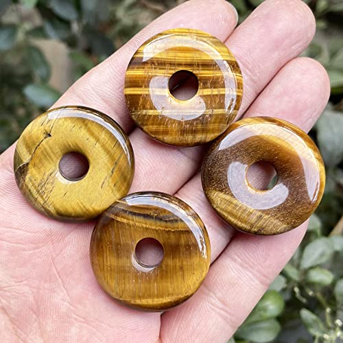 Large Hole 7mm Round Gemstone Disc Lucky Coin Pendant Bead for Jewelry Making, Polished Crystal Amulet Circle Donut Loose Stone Supplies 1.18”(30mm),4Pcs, Tiger's Eye