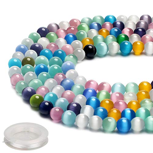 70PCS Natural 8MM Healing Gemstone, Synthetic Cat’s Eye Energy Stone Round Loose Beads, Semi-Precious Crystal Beads with Free Elastic String for Jewelry Making DIY - color: Cat’s Eye, size: 8MM
