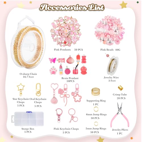 Ecoofor 249Pcs Keychain Making Kit for Kids & Adults – Includes 15 Keychain Clips, 16.4 Feet Chains, 100 Charms, Beading Accessories, Jewelry Pliers – DIY Bag Charms & Jewelry Craft Kit Supplies - color: Elegant Pink Set