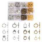 Craftdady 120 Sets Antique Silvery Toggle Clasps - Tibetan T-Bar Closure With Connectors for Bracelet Jewelry Crafts Making (Ring, Drop, Heart, Flower, Crown) - color: 11 Styles, Antique Bronze, Silver, Gold