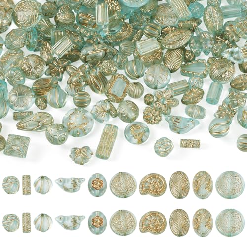 Beadthoven 90-100pcs Assorted Bohemia Acrylic Beads Transparent Kawaii Aesthetic Beads Heart Flower Bow Round Metal Enlaced Czech Beads Bulk for Bracelet Earrings Necklace DIY Craft Pale Turquoise - color: Pale Turquoise