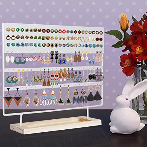Earring Holder Organizer Stand - Earrings Display Rack 144 Holes Jewelry Holder Tower with Wooden Tray for Earrings Rings White - color: White