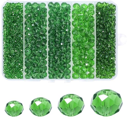 850Pcs 4/6/8/10mm Crystal Glass Beads for Jewelry Making Faceted Rondelle Flat Beads for Bracelets Necklace Earrings DIY Crafts(Green Crystal Bead) - color: Green