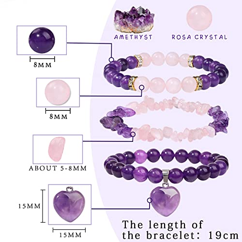 Vinswet Healing Crystal Beaded Bracelets for Women,Natural Amethyst Gemstones Bracelet,Anxiety Stress Relief Heart Charm Bracelet Handmade purple Jewelry Gifts for Women - color: Amethyst&Rose Quartz