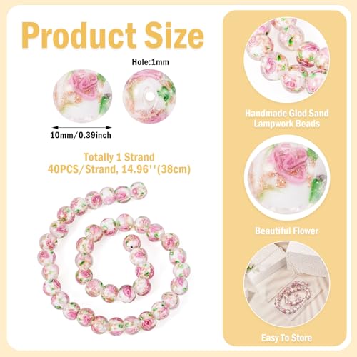 Cheriswelry 40Pcs/Strand Round Flower Lampwork Beads 10mm Handmade Gold Sand Glass Beads for Rosary Making DIY Necklace Earring Jewelry Making(Clear) - color: Clear