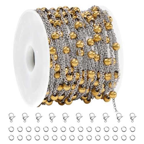 SMYHTGLIF 16.4 Stainless Steel Cable Chain Gold Bead Chain for Jewelry Making DIY Craft Jewelry Making Supplies - color: Bead Gold