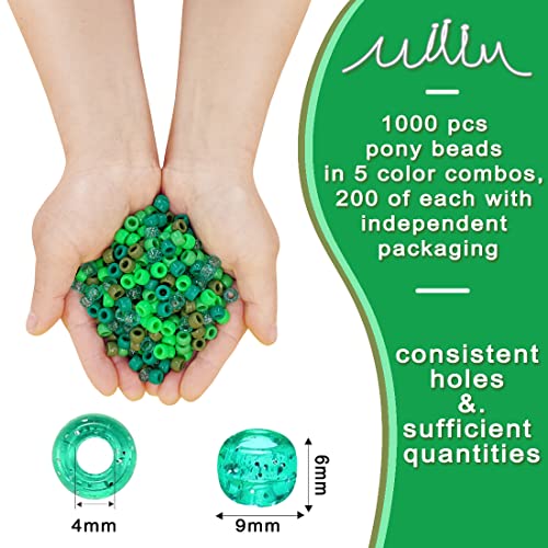 MIIIM 1000PCS 6x9mm Pony Beads Bulk, 5 Styles Green Pony Beads for Bracelets Making Kit, Kandi, Hair Braids Crafts for Jewelry Making (Green) - color: Green