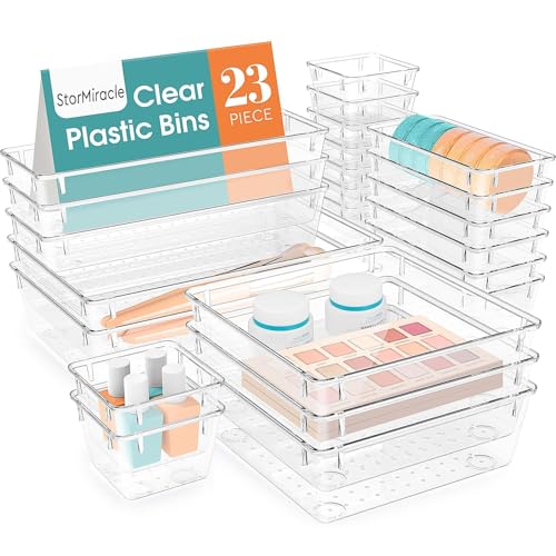 StorMiracle 23 PCS Drawer Organizer Set, 5 Varied Size Bathroom and kitchen Drawer cabinet organizer Trays, Clear Storage Bins for Makeup, Jewelry, Utensils and Gadgets - color: Clear, size: 23 PCS