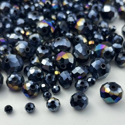 600pcs Crystal Glass Beads 3mm 4mm 6mm 8mm 10mm Rondelle Faceted Crystal Beads Spacer Beads for Necklace Bracelet Earrings DIY Jewelry Crafts Making Supplies(Black AB) - color: Black AB